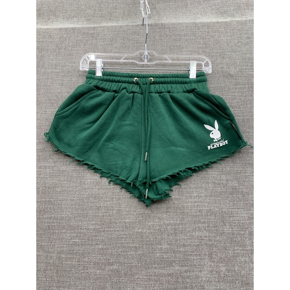 Missguided x Playboy Workout Shorts Women's XS Green French Terry Raw Hem Logo